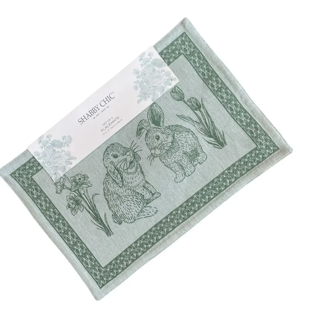 NEW Shabby Chic Bunny Rabbit Cotton Placemats 13x19 Green White Spring Easter